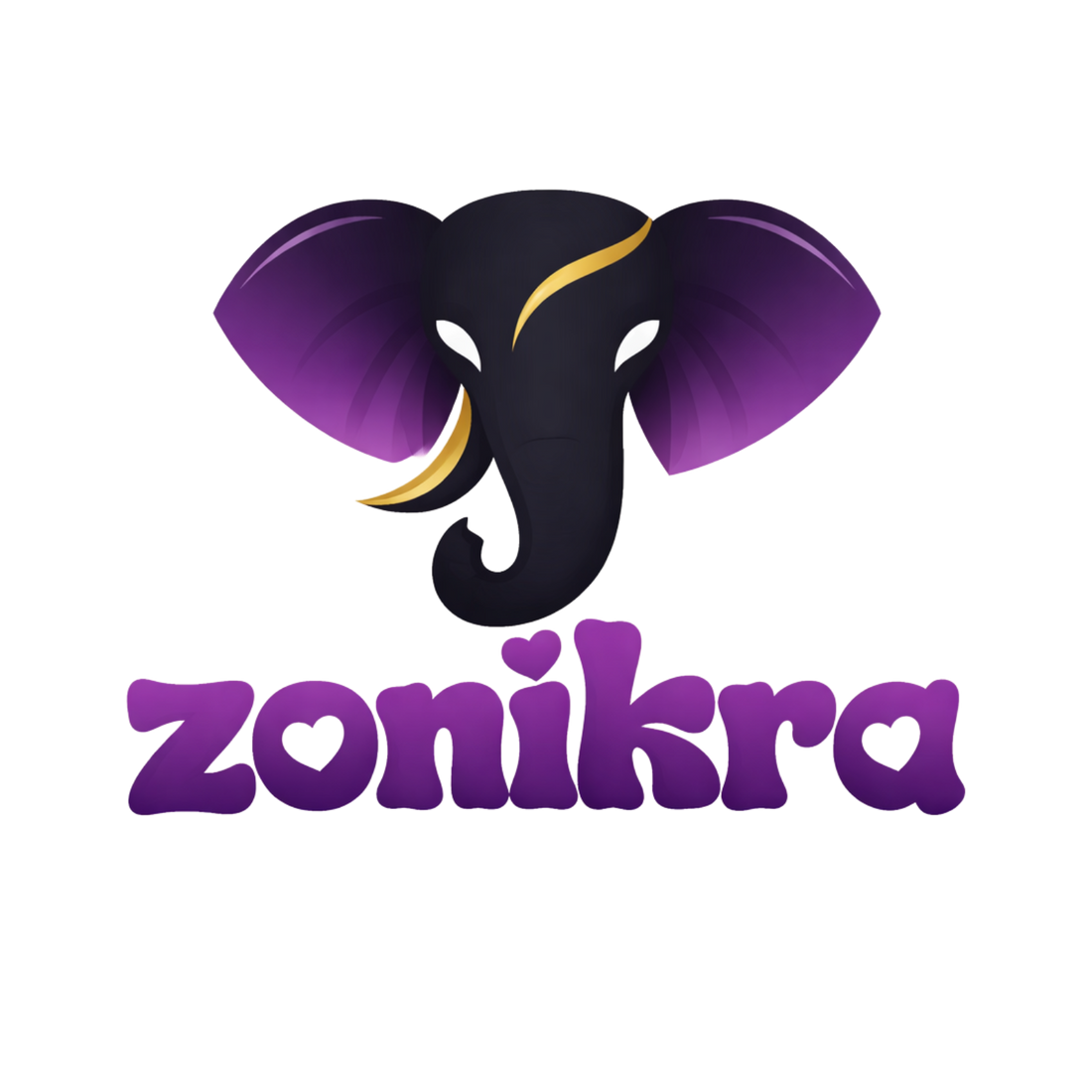 das LOgo von Zonikra zeigt einen schwarzen Elefanten mit weißßen Augen und lila Ohren. er hat goldene akzente im Gesicht und auf dem Stoßzahn. Unter dem Elefant befindet sich der Schriftzug von Zonikra.