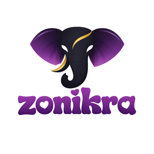 das LOgo von Zonikra zeigt einen schwarzen Elefanten mit weißßen Augen und lila Ohren. er hat goldene akzente im Gesicht und auf dem Stoßzahn. Unter dem Elefant befindet sich der Schriftzug von Zonikra.